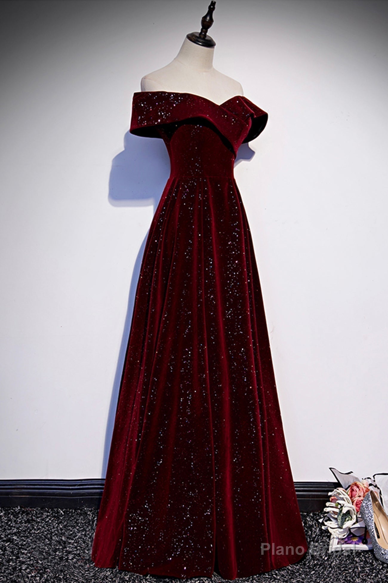 Burgundy Velvet Long Prom Dresses, Off the Shoulder Evening Dresses Secondary image