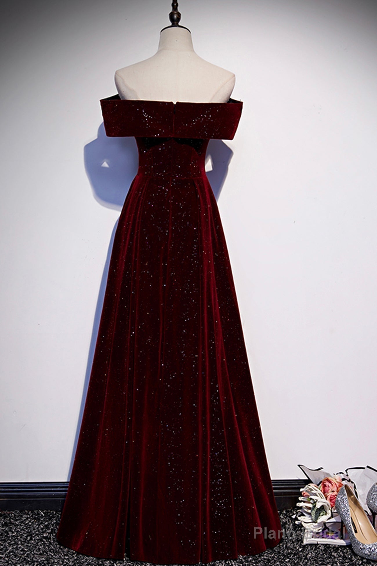 Burgundy Velvet Long Prom Dresses, Off the Shoulder Evening Dresses Main image