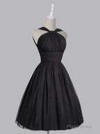 Vintage A Line Straps Knee Length Chiffon Sash Backless Black Party Homecoming Dresses