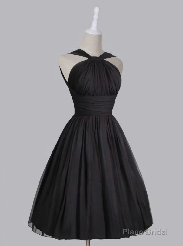 Vintage A Line Straps Knee Length Chiffon Sash Backless Black Party Homecoming Dresses