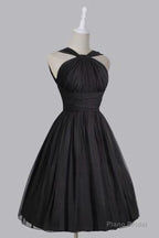 Vintage A Line Straps Knee Length Chiffon Sash Backless Black Party Homecoming Dresses