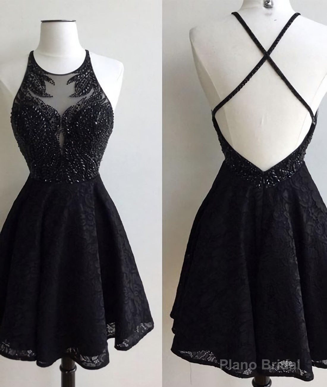 A-Line Jewel Backless Short Black Lace 2025 with Beading Homecoming Dresses