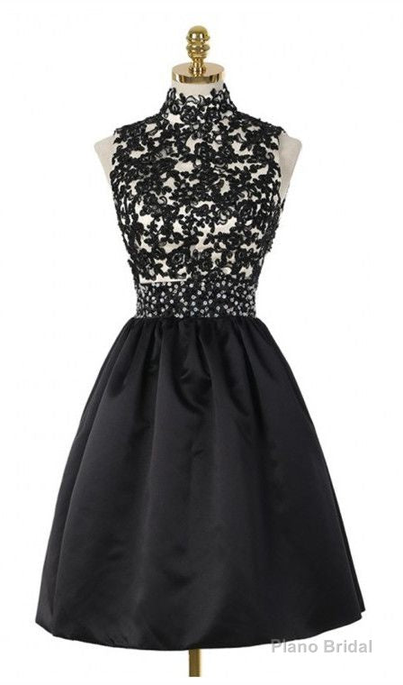 A-Line High Neck Open Back Above-Knee Black Homecoming Dress 2025 with Lace Sequins Main image