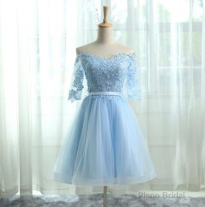 A-Line Off the Shoulder Half Sleeves Light Blue Tulle Homecoming Dress 2025 with Appliques Main image