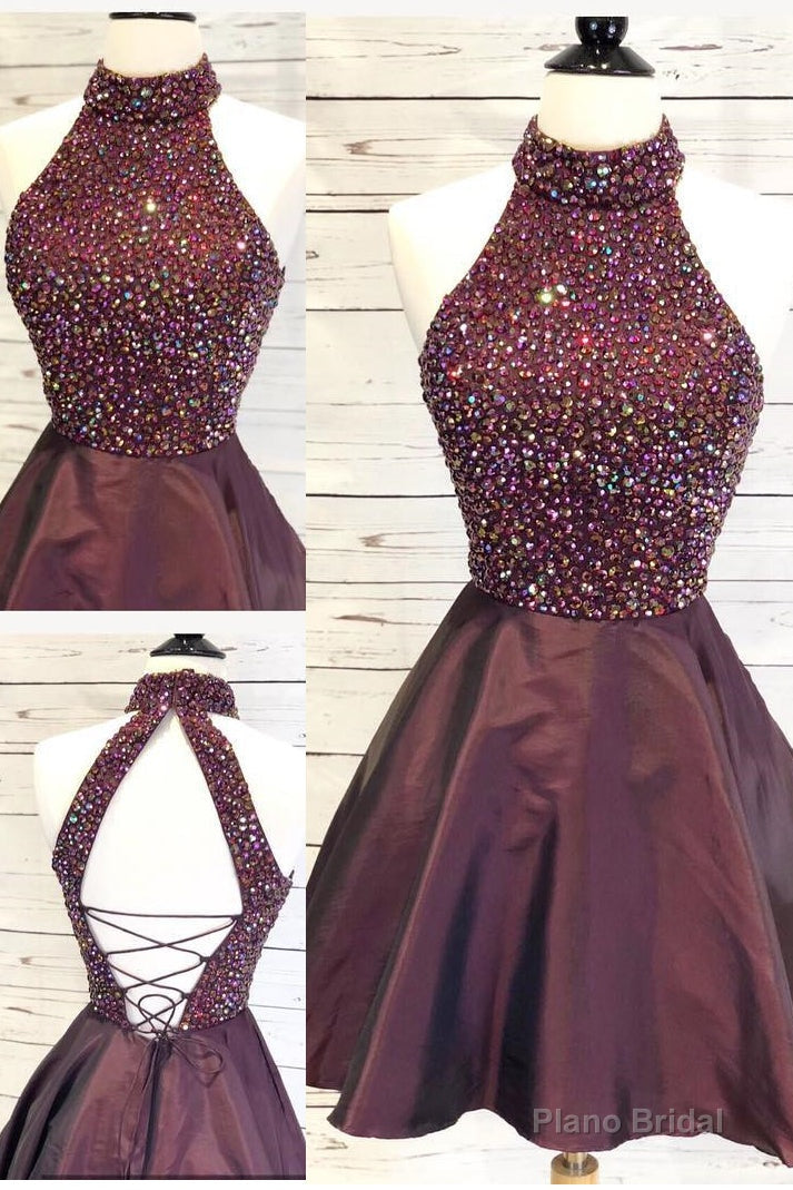 High Neck Short Sparkle Burgundy Homecoming Dress Secondary image