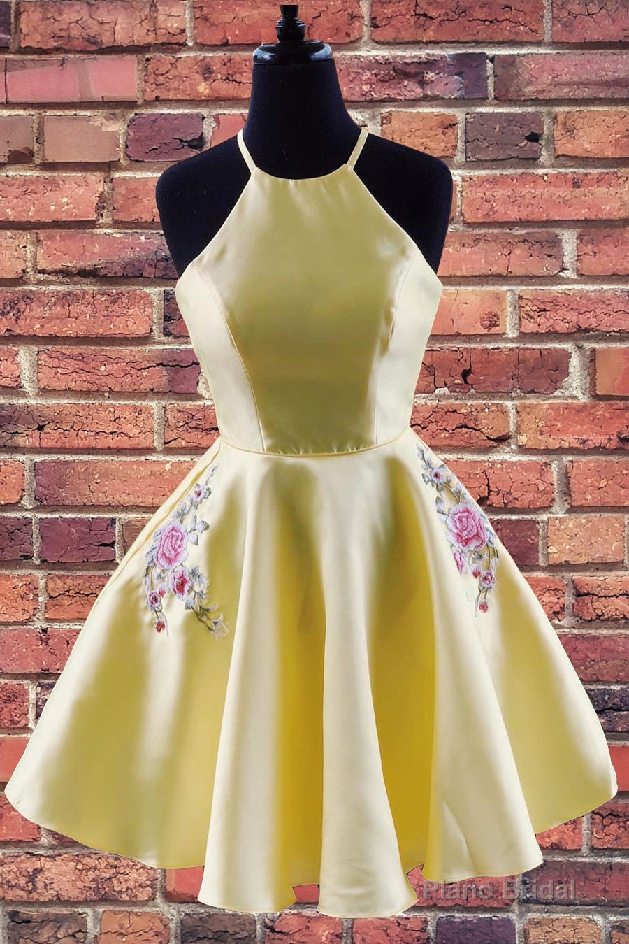 Halter Embroidered Yellow Homecoming Dress with Pockets Main image