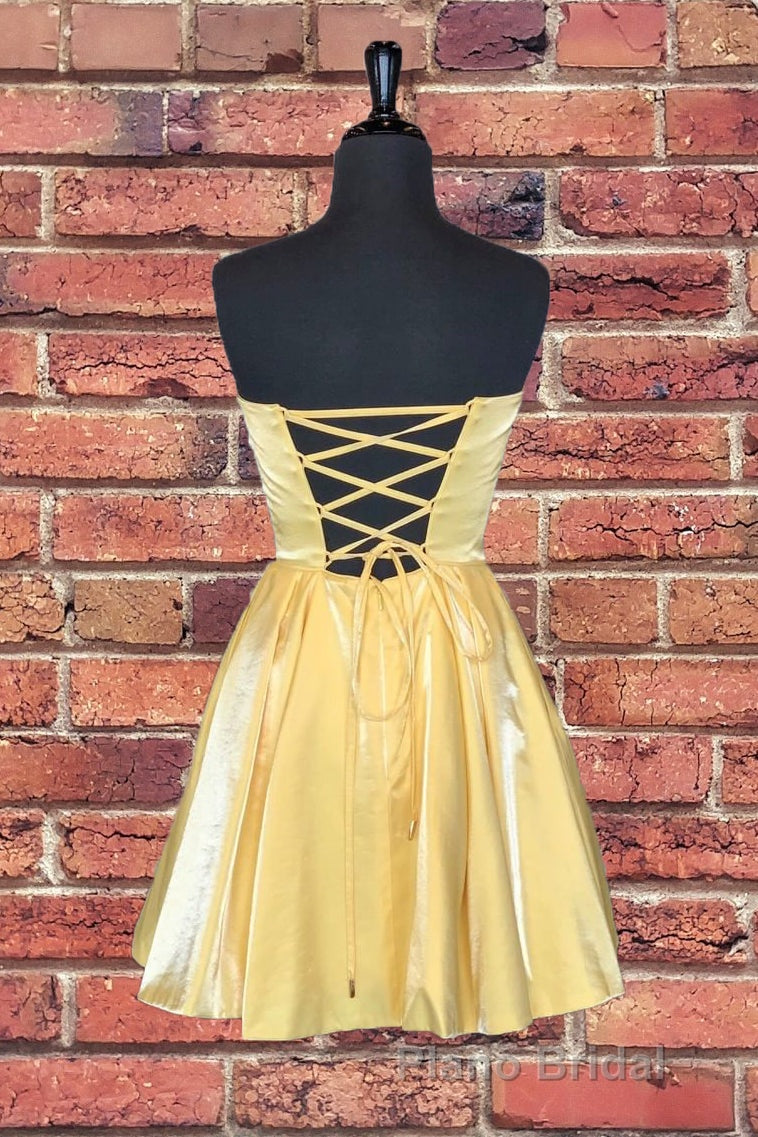 Strapless Lace-Up Yellow Satin Homecoming Dresses Secondary image