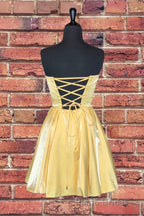 Strapless Lace-Up Yellow Satin Homecoming Dresses