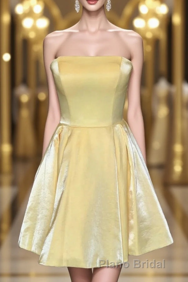 Strapless Lace-Up Yellow Satin Homecoming Dresses Main image