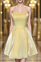 Strapless Lace-Up Yellow Satin Homecoming Dresses