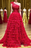 Red One Shoulder Corset Tiered Long Formal Prom Dresses with Ruffles