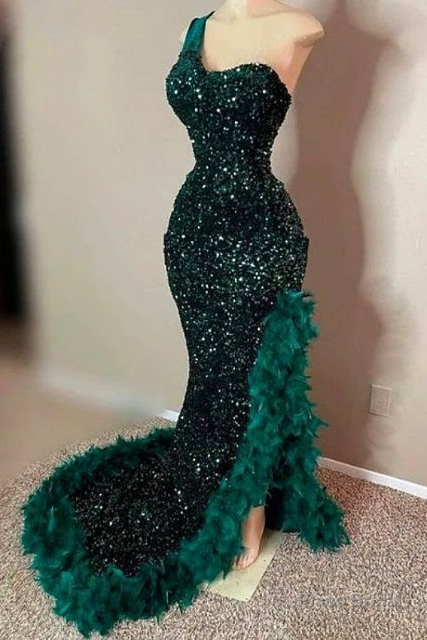 Dark Green One shoulder Split Ruffles High Split Prom Dresses Main image