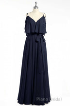 Black Chiffon V-Neck Ruffled A-Line Long Bridesmaid Dresses