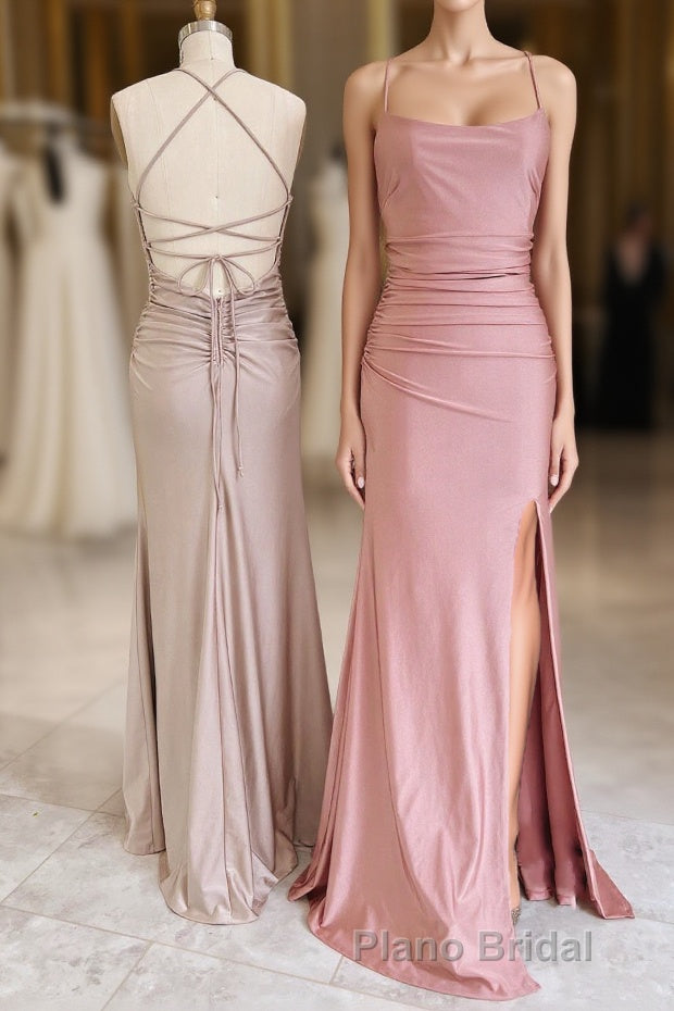 Dusty Pink Satin Lace-Up Sheath Long Bridesmaid Dresses with Slit