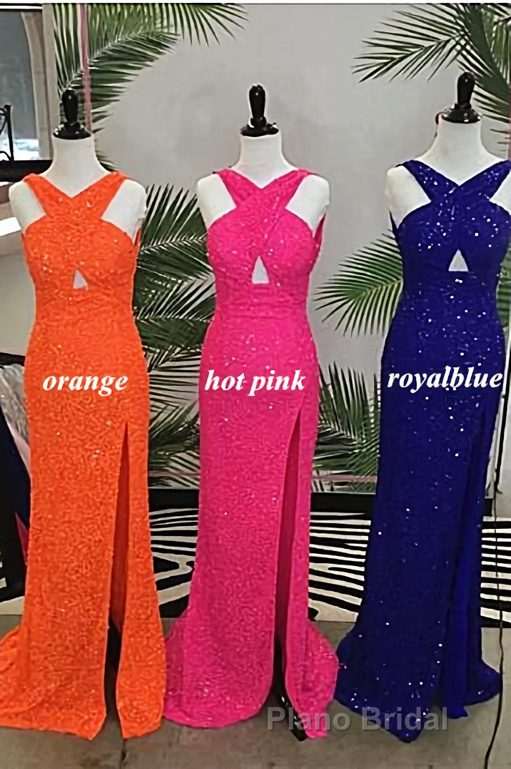 Fitted Criss Coss Neck Orange Formal Prom Dresses with Slit Secondary image