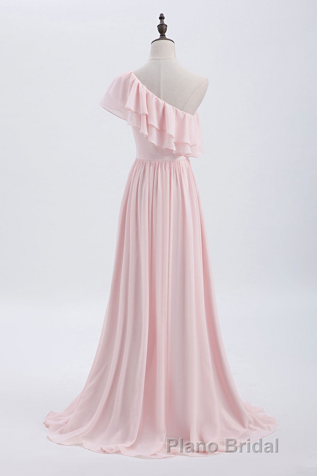 Ruffles Pink One Shoulder Chiffon A-line Long Bridesmaid Dresses