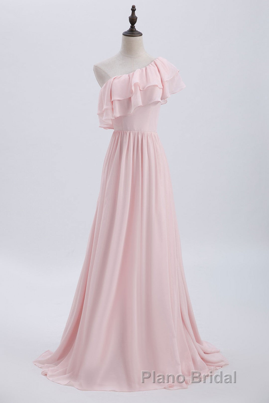 Ruffles Pink One Shoulder Chiffon A-line Long Bridesmaid Dresses