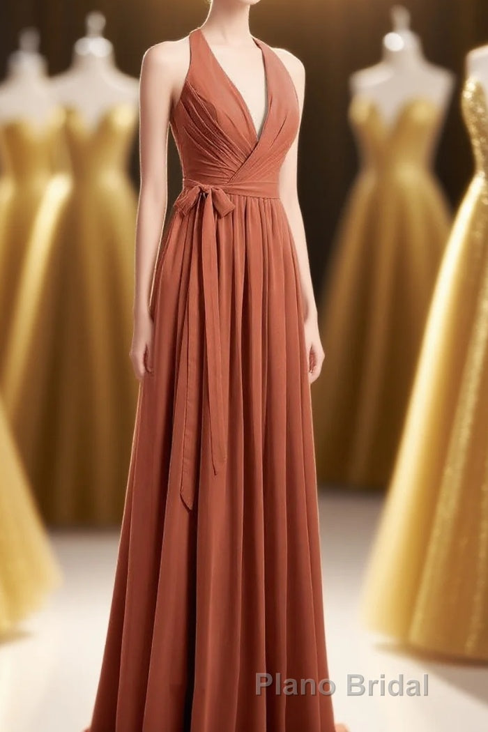 Rust Orange Wrap A-Line Long Dresses