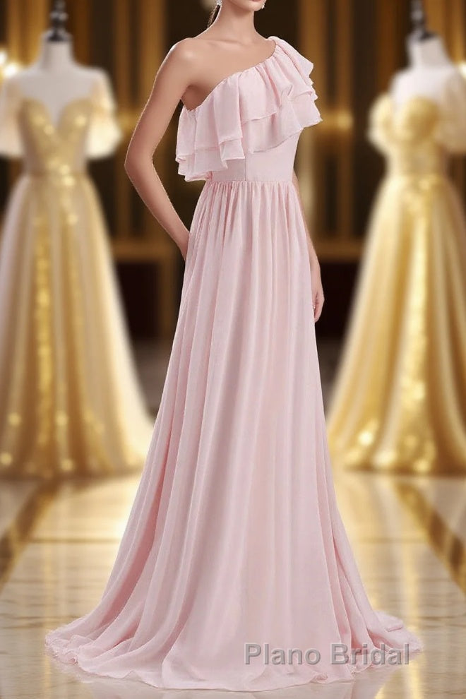 Ruffles Pink One Shoulder Chiffon A-line Long Bridesmaid Dresses Main image