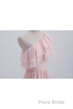 Ruffles Pink One Shoulder Chiffon A-line Long Bridesmaid Dresses