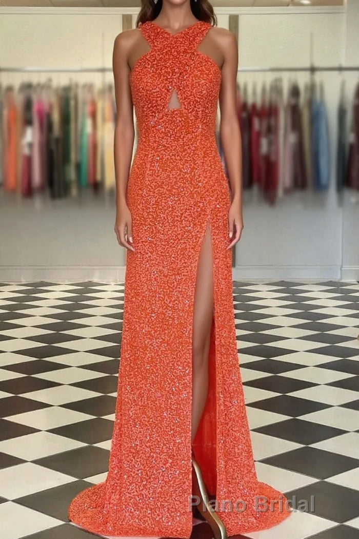 Fitted Criss Coss Neck Orange Formal Prom Dresses with Slit