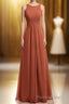 Rust Orange Crew Neck Backless A-Line Long Bridesmaid Dresses