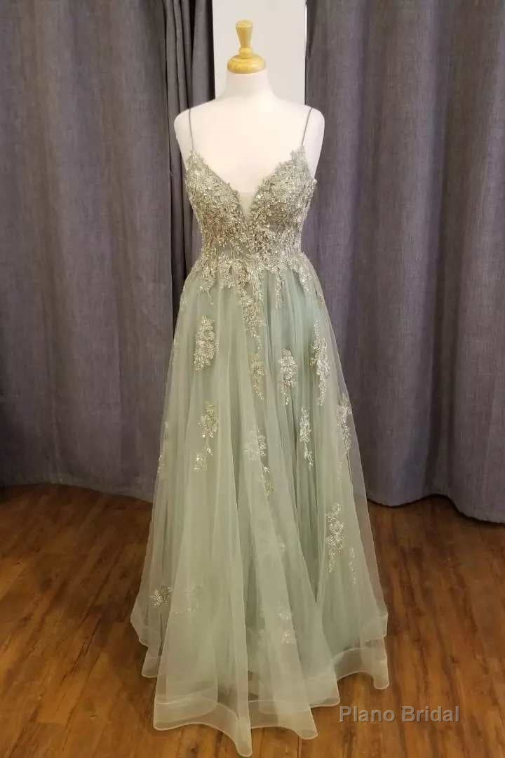 Sage Green Floral Appliques Straps A-Line Prom Dress Main image