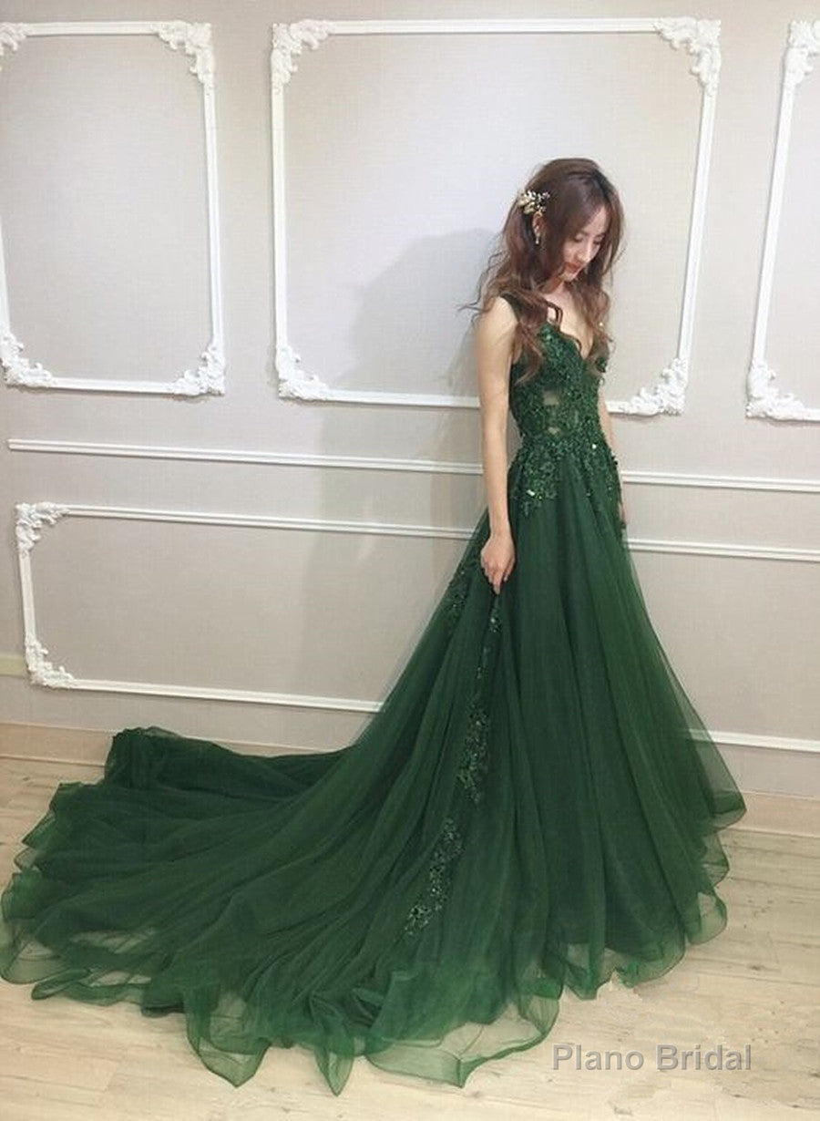 Dark Green Low Back Beaded Lace V-neckline Party Dress, A-line Prom Dress Main image