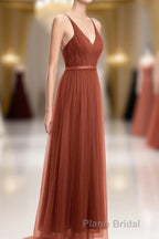 Rust Orange V-Neck Backless A-Line Long Bridesmaid Dresses