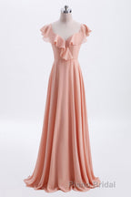 Peach Ruffles A-lline Chiffon Long Bridesmaid Dresses with Tie Back