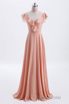 Peach Ruffles A-lline Chiffon Long Bridesmaid Dresses with Tie Back