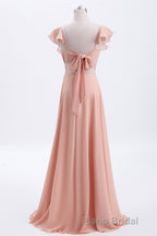 Peach Ruffles A-lline Chiffon Long Bridesmaid Dresses with Tie Back