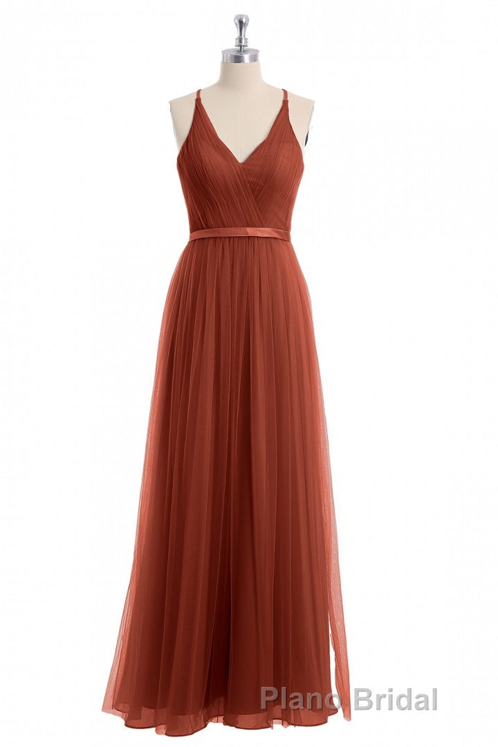 Rust Orange V-Neck Backless A-Line Long Bridesmaid Dresses