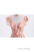 Peach Ruffles A-lline Chiffon Long Bridesmaid Dresses with Tie Back