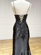 Dark Blue V Neck Satin Lace Long Formal Prom Dresses, Dark Blue Lace Long Evening Dresses