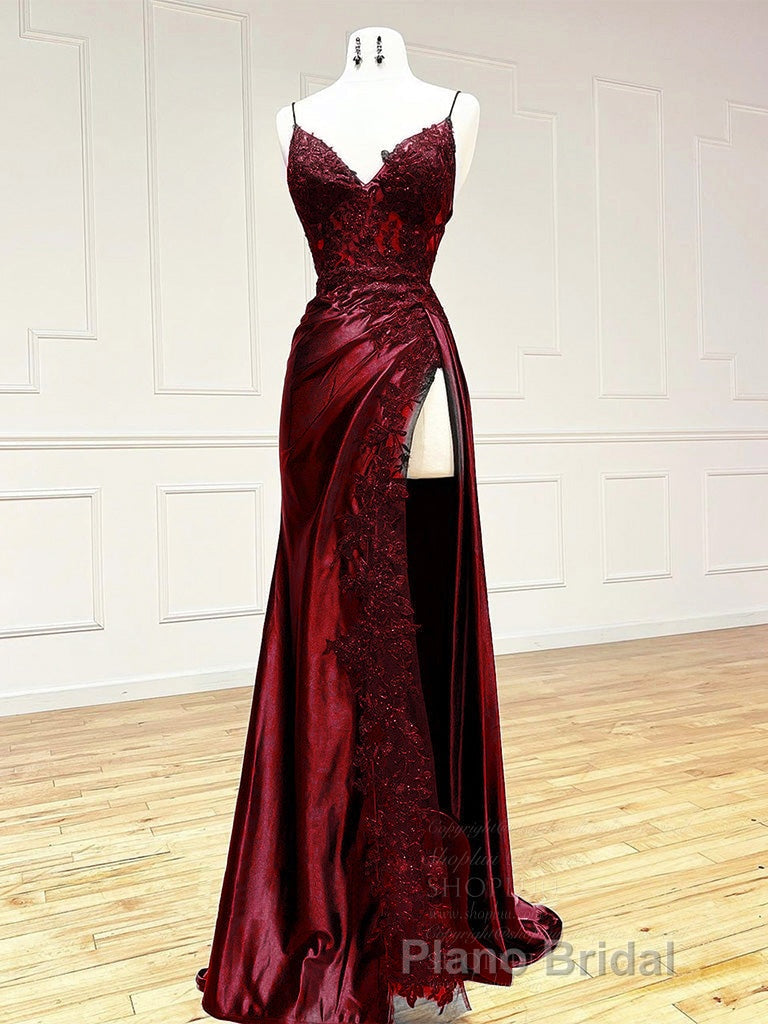 Dark Blue V Neck Satin Lace Long Formal Prom Dresses, Dark Blue Lace Long Evening Dresses