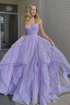 Princess Lavender Tiered Spaghetti Straps Long Prom Dress