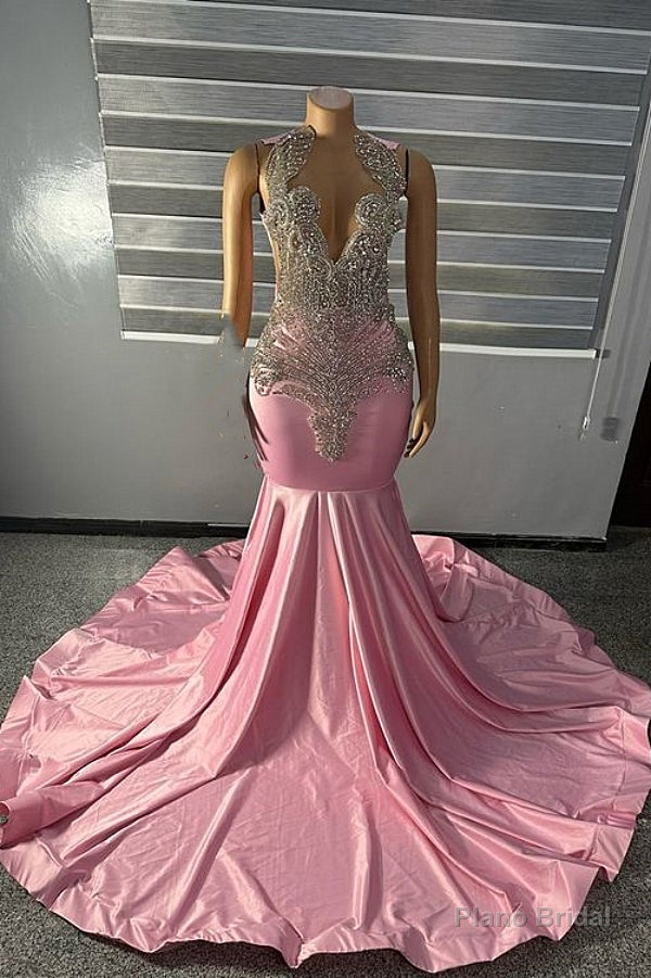 High neck Unique SIlver Beaded Pink Mermaid PRom Dresses Main image