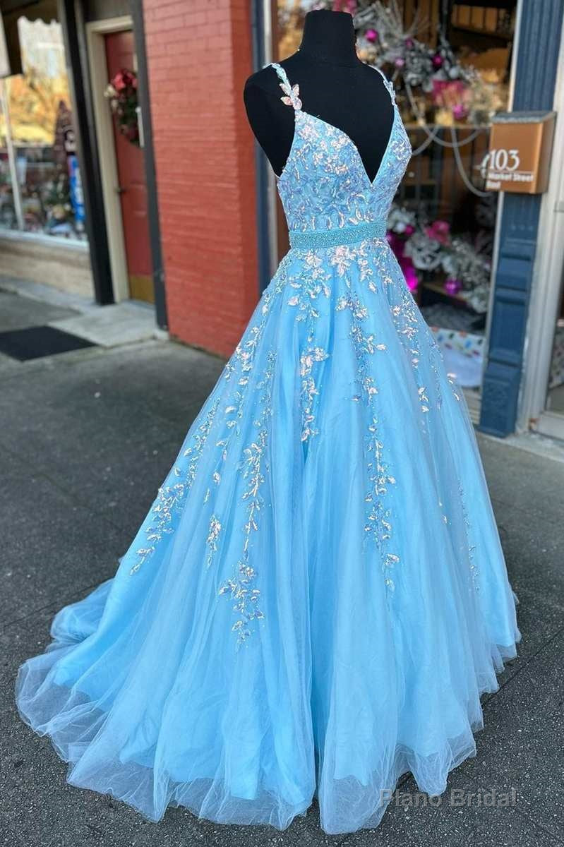 Light Blue Appliques V-Neck Belted A-Line Prom Gown Secondary image