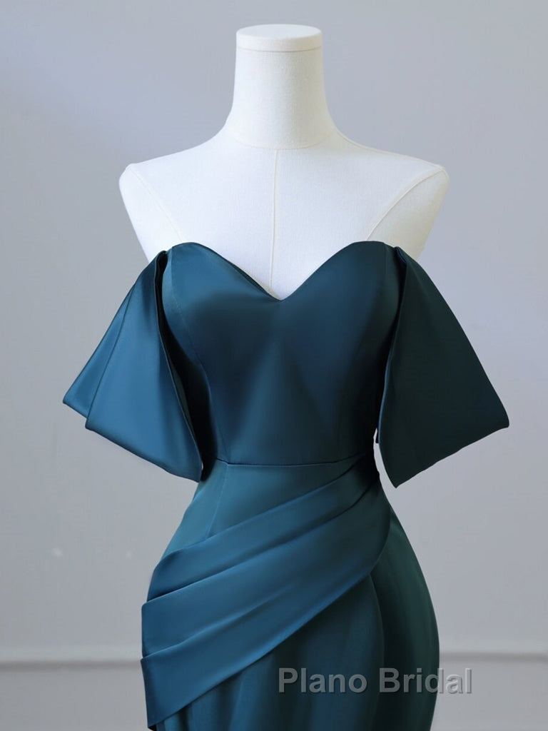 Simple Off Shoulder Satin Ink Blue Long Formal Prom Dress, Ink Blue Long Formal Dress