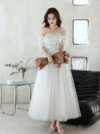 White Sweetheart Off Shoulder Tulle Lace Tea Length Prom Dress