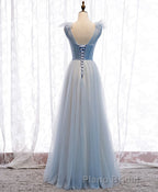 Simple Blue V Neck Tulle Long Formal Prom Dresses, Blue Prom Dresses