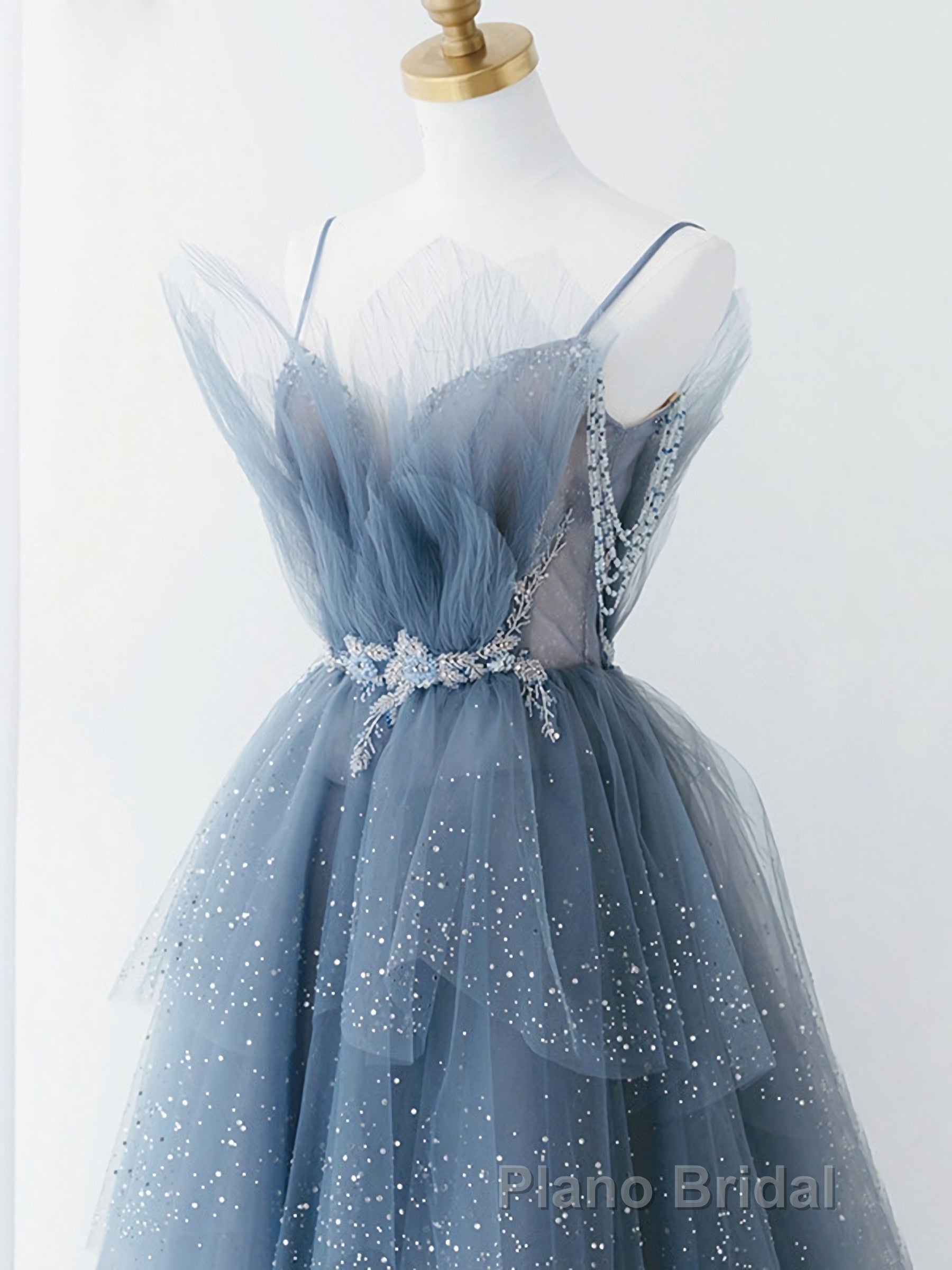 Gray Blue Tulle Beads Long Formal Prom Dresses, Blue Tulle Prom Dresses Secondary image