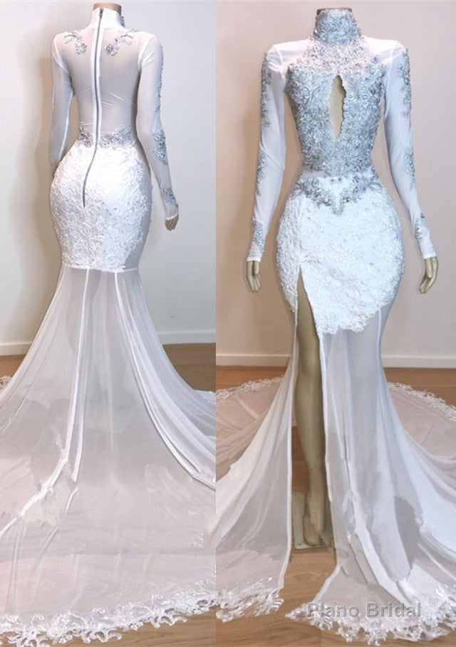2025 White Long Sleeve High Neck Lace and Tulle Side Slit Mermaid Prom Dresses Main image