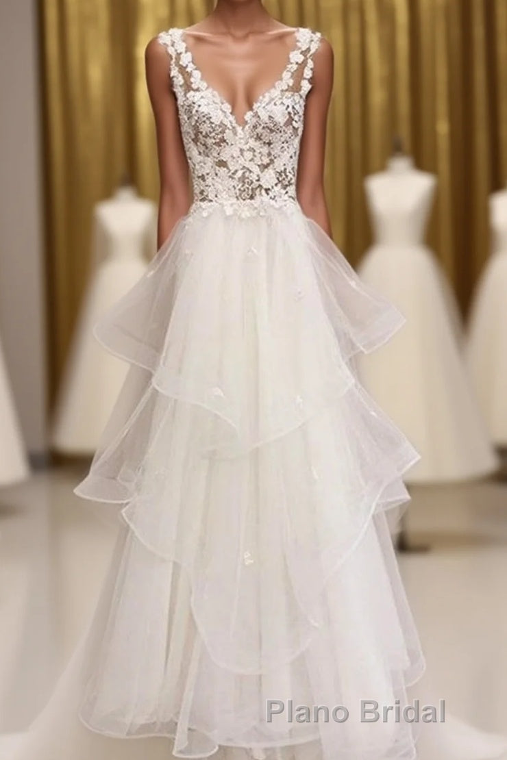 Charming Tulle Appliques V Neck Lace Wedding Dresses with Ruffles
