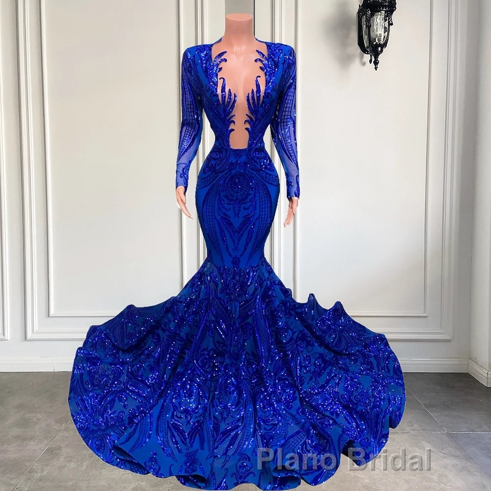 Hot Sparkle Royal Blue Sequin Long sleeves Mermaid Formal Prom Dresses Secondary image