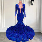 Hot Sparkle Royal Blue Sequin Long sleeves Mermaid Formal Prom Dresses