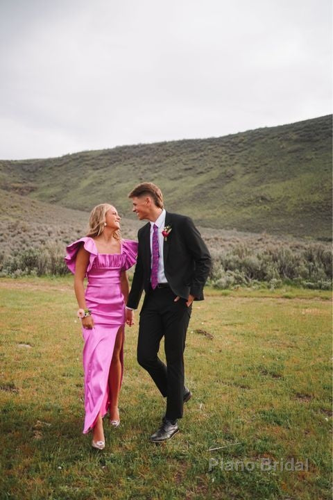 Modest Square Neckline Pink Long Prom Dresses Evening Gown Main image