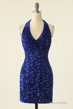 Royal Blue Sequin Halter Open Back Short Homecoming Dress