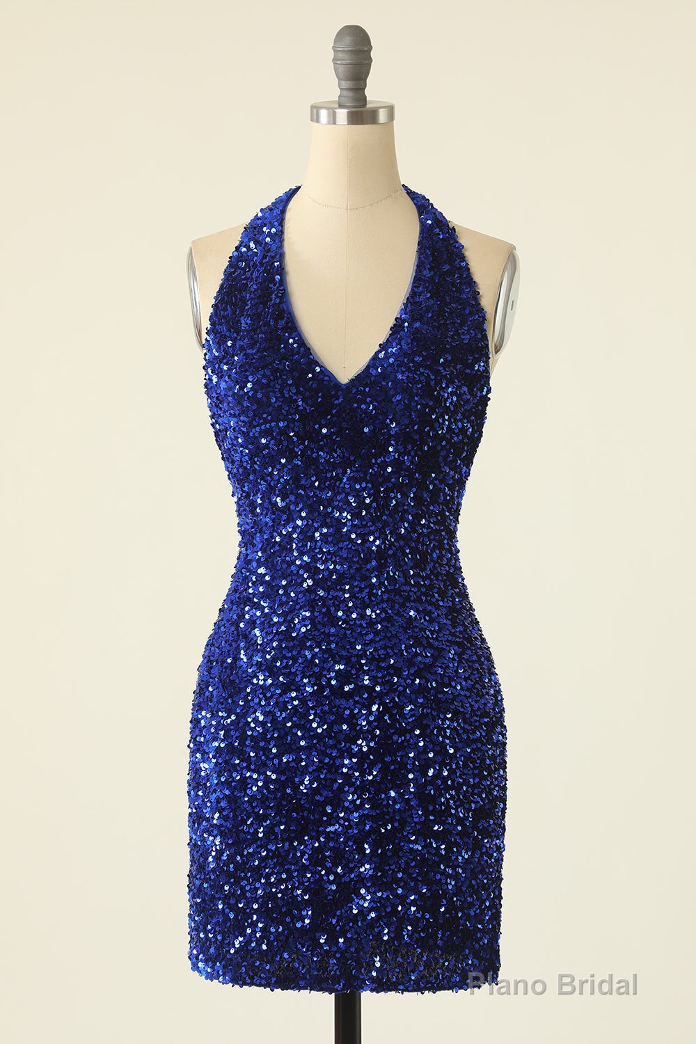 Royal Blue Sequin Halter Open Back Short Homecoming Dress